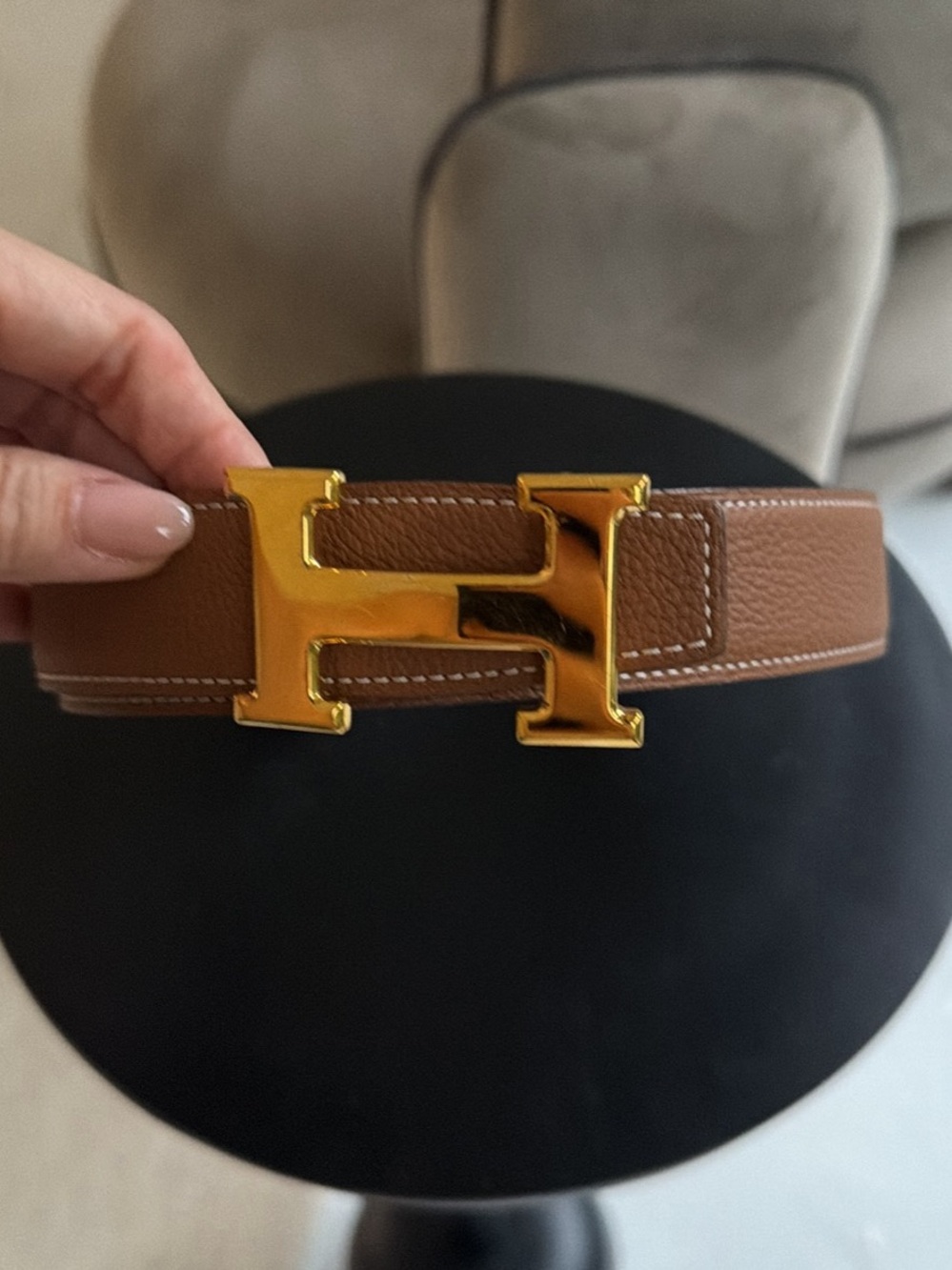 Hermes Brown and Black Leather Belt with Gold H Buckle